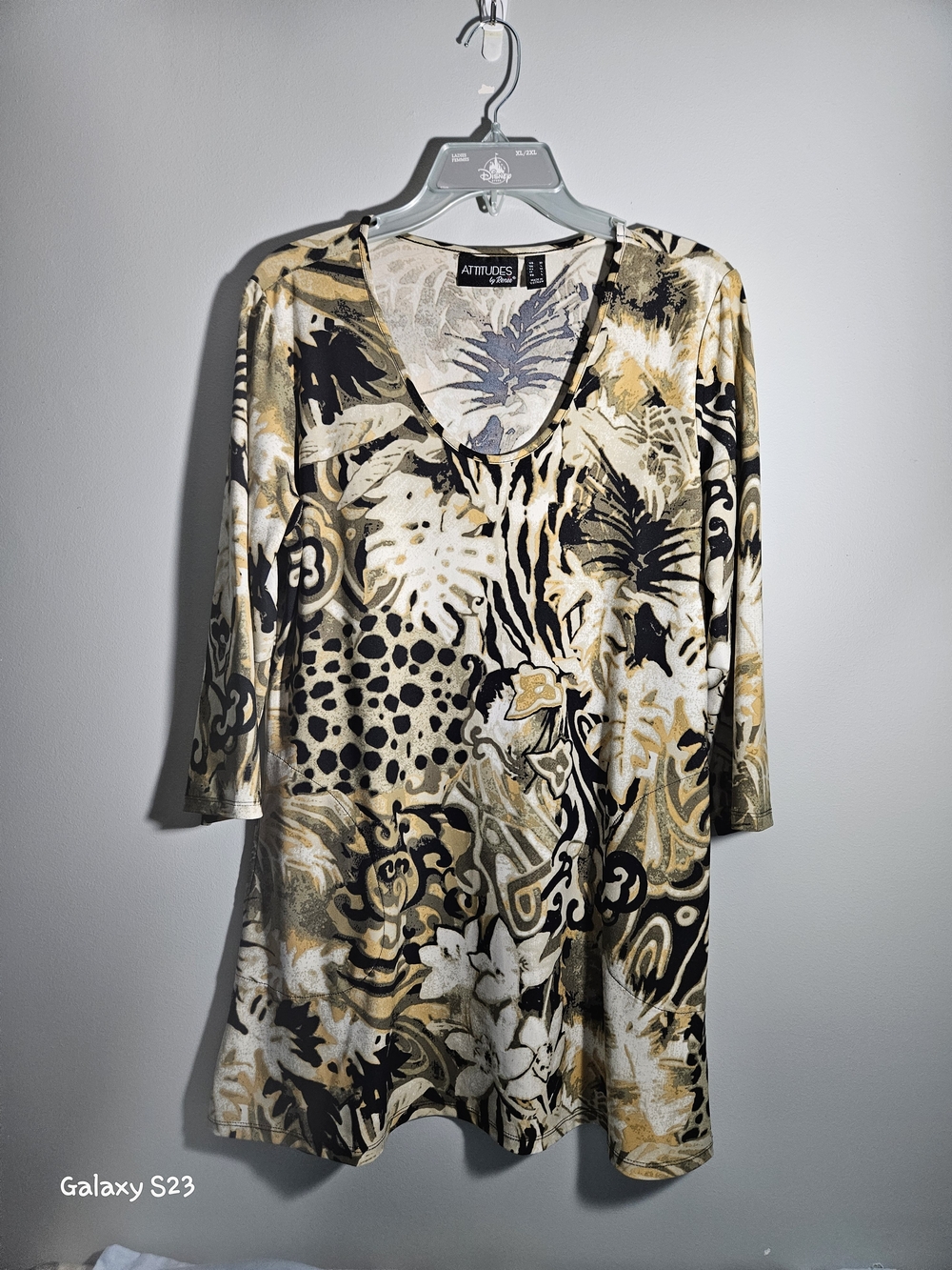 Attitudes by Renee Beige Black, Cream, Gold Abstract Print Women's Tunic